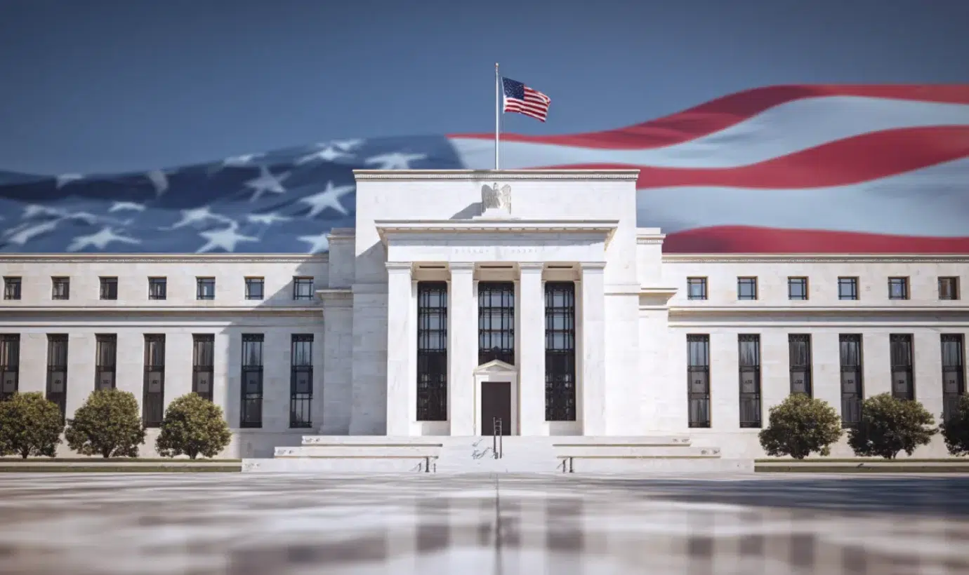 Federal Reserve building with Bitcoin and crypto market charts showing rate hike impact